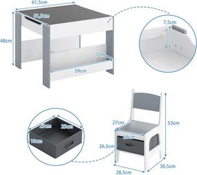 Conjunto de mesa e cadeira para crianças 4 em 1 Mesa de atividades para crianças com painéis dupla face e prateleiras laterais 2 cadeiras Branco + Cin