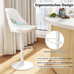 Conjunto de 2 bancos de bar giratórios 360°, ajustáveis em altura, bancos de cozinha com assento e encosto em couro sintético branco