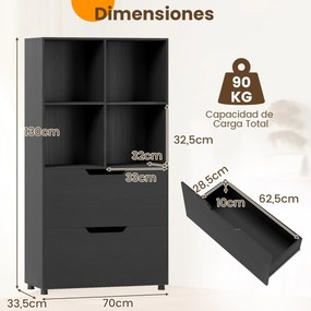 Estante com 4 cubos 70 x 33,5 x 130 cm com 2 gavetas com 5 níveis Design moderno em madeira para sala ou escritório Preto
