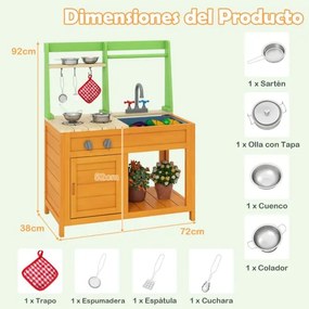 Cozinha para crianças ao ar livre 72 × 38 × 92 cm com fogões realistas, torneira, lava-louça, forno e acessórios de cozinha verde e amarelo