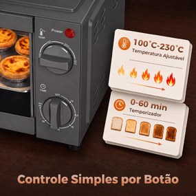Mini Forno Elétrico 9 L de Bancada 750 W com Temperatura Ajustável e Temporizador 35x24,6x20 cm Cinza