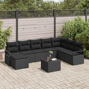 Conjunto de Sofá de Jardim de 9 Peças com Almofadas Bejes em Rattan