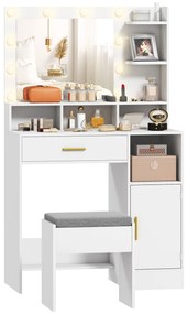 HOMCOM Toucador de Maquilhagem com Luzes LED e Banco Toucador com Espelho 3 Cores 10 Lâmpadas Gaveta Prateleiras Compartimentos Abertos para Quarto Closet Branco