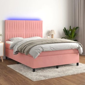 Cama box spring c/ colchão/LED 140x200 cm veludo rosa