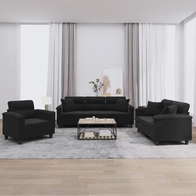 3 pcs conjunto sofás c/ almofadas tecido de microfibra preto