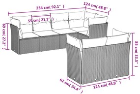 7 pcs conjunto sofás p/ jardim c/ almofadões vime PE cinzento
