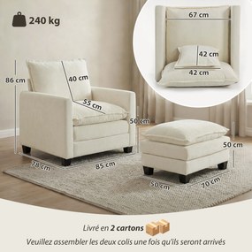 Poltrona de sala com apoio para os pés, sofá de 1 lugar em chenille, assento largo, estofamento de dupla camada, 85x128x86 cm, creme