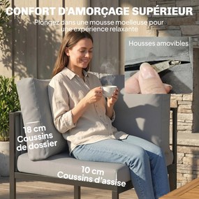 Conjunto de jardim com sofá de canto para exterior, 6 peças, almofadas de 10 cm, mesa alta e 2 apoios para os pés, cinzento