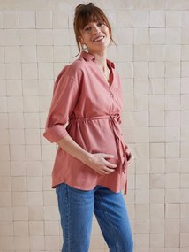 Camisa de algodão com efeito linho para gravidez e amamentação tomate