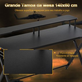 Mesa gaming para jogos secretária com suporte para monitor e fones de ouvido 140x60x90 cm Preto