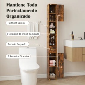 Armário de casa de banho 20 x 20 x 181 cm estreito com Faixa de luzes de 3 cores com 2 portas e prateleiras ajustáveis Café