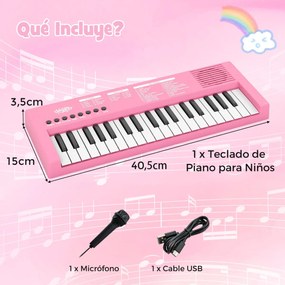 Teclado de piano para crianças elétrico portátil de 37 teclas com 8 ritmos, 8 tons e 22 demos Instrumento musical eletrónico rosa