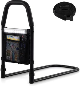 Barreira de cama para idosos 61 x 28 x 52,5 cm com pega de segurança, luz com sensor de movimento e bolso; barreira anti-queda preta