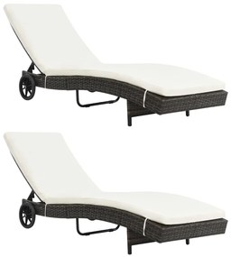 vidaXL Espreguiçadeiras com rodas e almofadões 2 pcs vime PE castanho