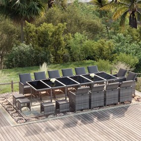 vidaXL 19 pcs conjunto jantar p/ jardim c/ almofadões vime PE cinzento