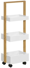 HOMCOM Carrinho Casa de Banho Bambu com Rodas 3 Cestos Armazenamento Espaço Otimizado 28x18x75 cm Branco Madeira