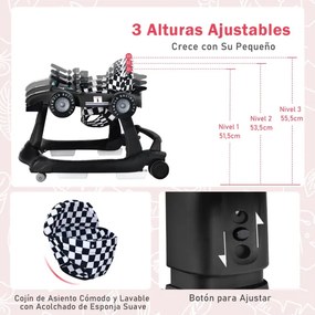 Andador 4 em 1 para crianças, dobrável, atividade de empurrar, com altura ajustável e carrilhão de velocidade com luzes, volante Preto