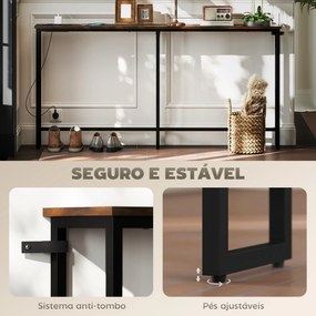 Mesa de Consola Estreita Consola com Estação de Carga Estrutura de Aço Estilo Industrial para  160x20x80 cm Castanho Rústico