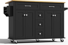 Carrinho de cozinha multifuncional com tampo de trabalho dobrável, 140x40/65x89 cm, Preto+Cor natural| AOSOM Portugal