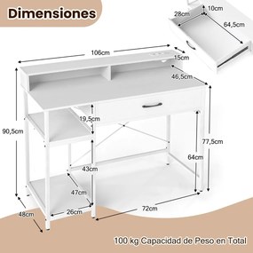 Secretária para computador 106 x 48 x 90 cm com tomadas com armário superior, gaveta e 2 prateleiras abertas Estrutura branca