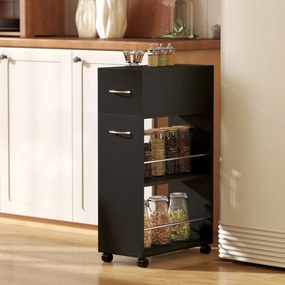Carrinho de serviço de cozinha com rodas 25 x 50 x 85 cm, 1 gaveta e 2 prateleiras abertas para sala de jantar, preto