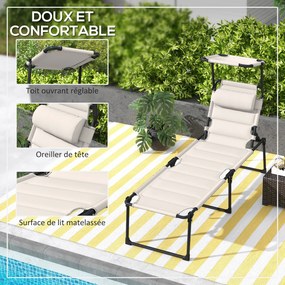 Conjunto de 2 espreguiçadeiras dobráveis de grande conforto, com encosto e capota ajustáveis em várias posições, cor creme