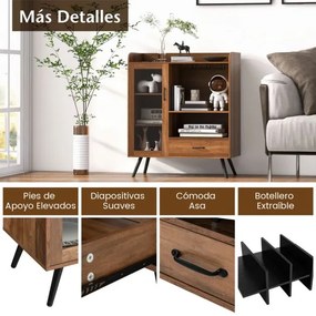 Garrafeira para vinhos Armário para licores com porta e gaveta Estante para vinhos e suporte para copos para cozinha Bar castanho 80 x 40 x 95 cm cast