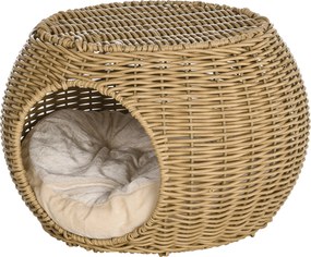 Cama para gatos com 2 níveis, em resina trançada com aspeto de vime, com 1 almofada macia Ø 40 x 30 cm, castanho claro