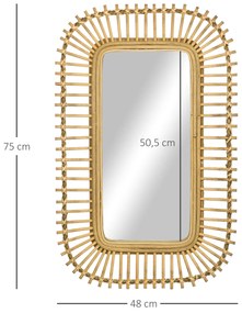 Espelho de Parede Decorativo 75x48 cm com Estrutura de Vime Espelho Suspenso Espelho Retangular para Sala de Estar Dormitório Entrada Corredor Madeira