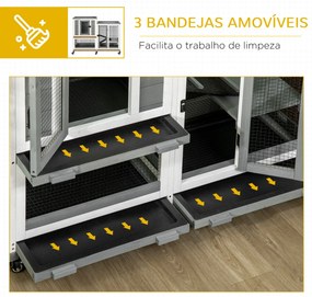 Coelheira de Madeira Interior Gaiola para Coelhos de 2 Níveis com Rodas 2 Rampas 3 Bandejas Amovíveis 110x50x86 cm Cinza