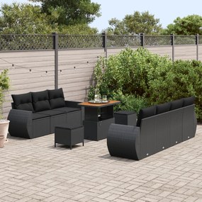 Conjunto de Sofá de Jardim de 10 Peças com Almofadas Preto de Rattan P