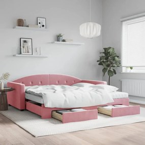 Sofá-cama com gavetão e gavetas 100x200 cm veludo rosa