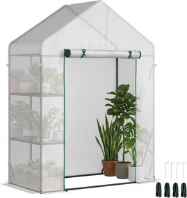 Outsunny Estufa de Jardim 143x73x195cm Estufa de Aço com 2 Prateleiras e Porta Enrolável para Cultivos de Plantas Branco | Aosom Portugal