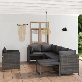 7 pcs conjunto lounge de jardim c/ almofadões vime PE cinzento