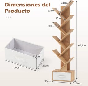 Estante de 9 níveis forma de árvore com gaveta 38 x 21,5 x 149,5 cm natural.