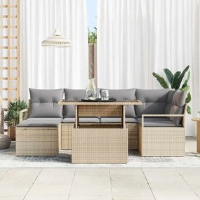 Conjunto de Sofá de Jardim de 7 Peças com Almofadas Bege Rattan Poliés