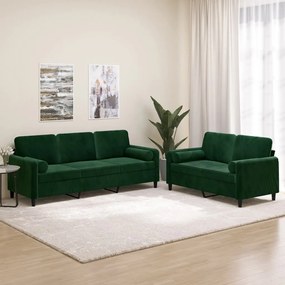 vidaXL 2pcs conjunto sofás c/ almofadas/almofadões veludo verde-escuro
