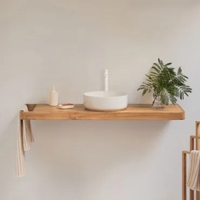 Conjunto De Móvel De Casa De Banho 130x45 Cm Suspenso Em Madeira De Teca Neill Madeira De Teca & Cerâmica Redonda Branca Ø40 Cm Lenka & Sem Espelho &