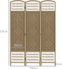 Biombo Separador de Ambientes com 3 Painéis Dobrável em Corda de Papel 120x170 cm Decoração para Quarto Madeira
