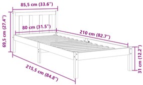 Cama extra longa sem colchão 80x210 cm pinho maciço branco