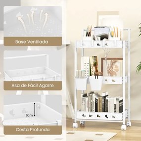 Carrinho de arrumação de 3 níveis com 2 copos suspensos 4 ganchos Barra de pega para a sala de estar Quarto Branco