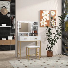 Toucador de Maquilhagem com Luz e Banco Mesa de Maquilhagem com 2 Gavetas e Prateleiras Estilo Moderno para Quarto Branco