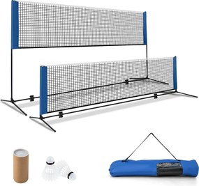 Rede de badminton 310 cm portátil ajustável em altura com postes, bolsa de transporte e 2 penas para interior e exterior azul.