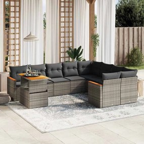 10 pcs conjunto sofás de jardim c/ almofadões vime PE cinzento