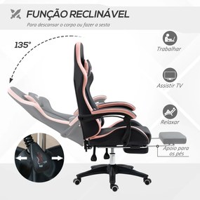 Cadeira Gaming de Couro PU com Altura Ajustável Reclinável 135° e Apoio para os Pés Retrátil 65x65x121-129 cm Rosa e Preto