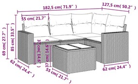 5 pcs conj. sofás jardim c/ almofadões vime PE cinzento-claro