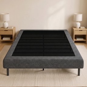 Cama Estofada 144x195 cm com Revestimento em Chenille Estrado de Ripas em Madeira Pés em Aço Montagem Fácil 400 kg Cinza