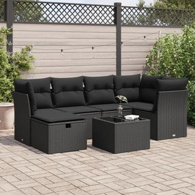 7 pcs conjunto de sofás p/ jardim c/ almofadões vime PE preto