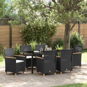 vidaXL Conjunto de Jantar de Jardim com 7 Peças e Almofadas - Preto - Polyrattan