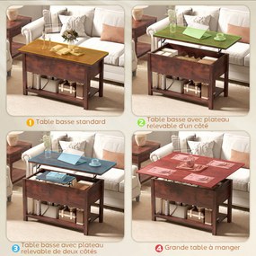 Mesa de Centro Elevável e Extensível, 100 x 90 x 63,5 cm, Tampo Duplo Ajustável, Castanho Rústico
